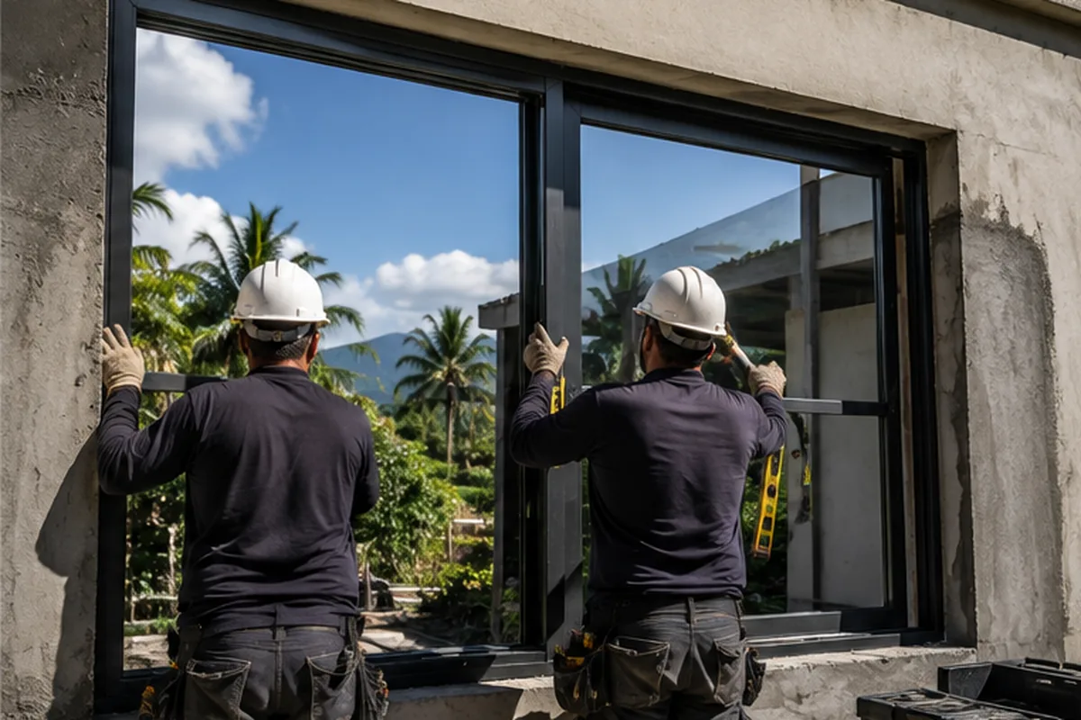 Équipe Aluric OI posant une menuiserie aluminium sur un chantier